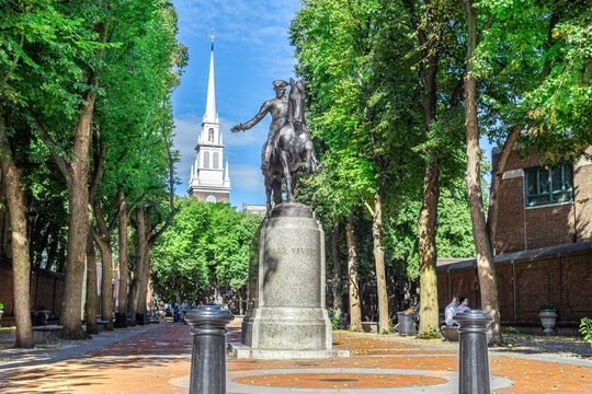 Paul Revere Statue and Old Church, Boston, Massachusetts, October 05,2019