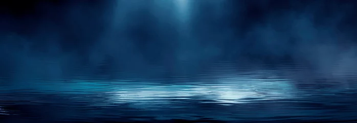 Foto op Plexiglas Dramatic dark background. Reflection of light on the water. Smoke Fog, rays, the moon. Empty night scene, landscape, river, clouds. 3d illustration © MiaStendal