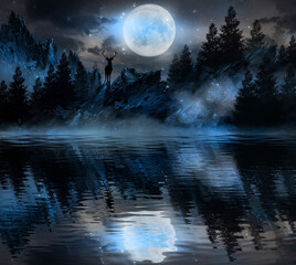 Futuristic night landscape with abstract landscape and island, moonlight, shine. Dark natural scene with reflection of light in the water, neon blue light.  3d illustration