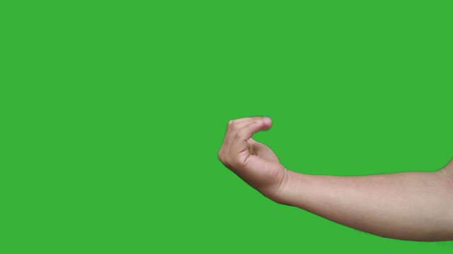 4K view side view hand of asian man waving inviting to come here isolated on chroma key green screen background. 