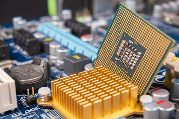 Close-up of a computer motherboard, computer industry concept.