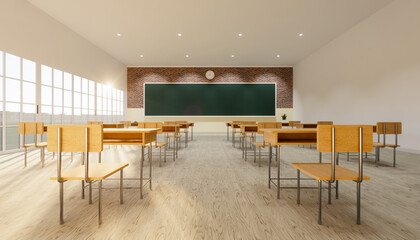 3d rendering of new normal classroom interior and spacing tables and chairs to prevent the spread of the covid-19 virus on wood floor and empty green board background.