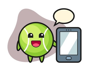 Tennis cartoon holding a smartphone