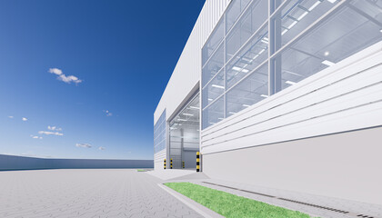 Fototapeta premium Warehouse or industry building exterior. Use as distribution center for loading, storage, warehousing, shipping and freight forwarding of cargo. Outdoor floor paving with brick stone. 3d render.