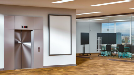 Elevator and meeting room on wooden floor 3D rendering