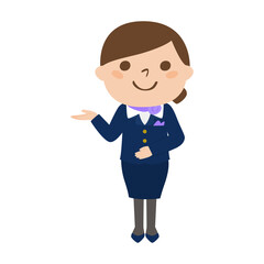 笑顔で案内してる若い女性客室乗務員のイラスト。