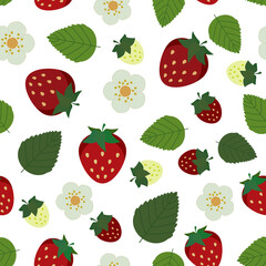 Red strawberry flat vector illustration over white background seamless pattern