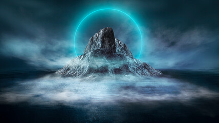 Futuristic night landscape with abstract landscape and island, moonlight, shine. Dark natural scene with reflection of light in the water, neon blue light.  3d illustration