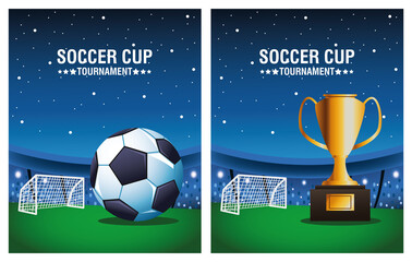 soccer cup tournament poster with balloon and trophy in camp