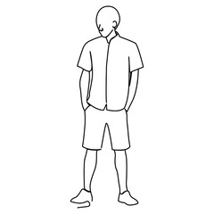 one line continuous drawing fashionable pose with man wearing shirt and short with hand inside the pocket
