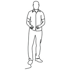 one line continuous drawing fashionable pose with man standing straight wearing shirt and long pants