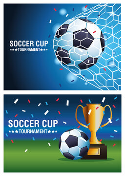 soccer cup tournament poster with trophy and balloons