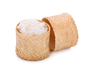 Wooden bamboo traditional style box with Thai sticky rice on white background