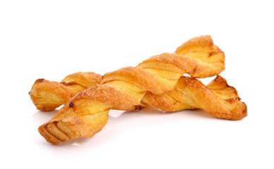 Spiral bread sticks with cheese on white background