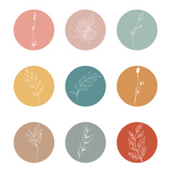 Stories Simple line style. Basic Stories Covers Plants Line Icons. For the photographer, fashion blogger, Pilates studio, beauty salon.A set of 9 highlights covers. Editable vector on white.
