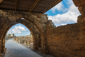 Fototapeta na wymiar The ruins of the crusader market in Caesarea National Park, Israel.