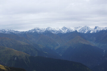 high snow peaked mountains of himalaya with forest all around.