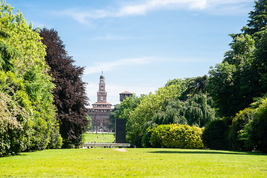 Sempione Park (Parco Sempione) in Milan, Italy. Sforza Castle. Filarete Tower.