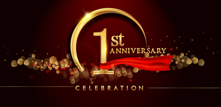 1st anniversary logo with golden ring, confetti and red ribbon isolated on elegant black background, sparkle, vector design for greeting card and invitation card