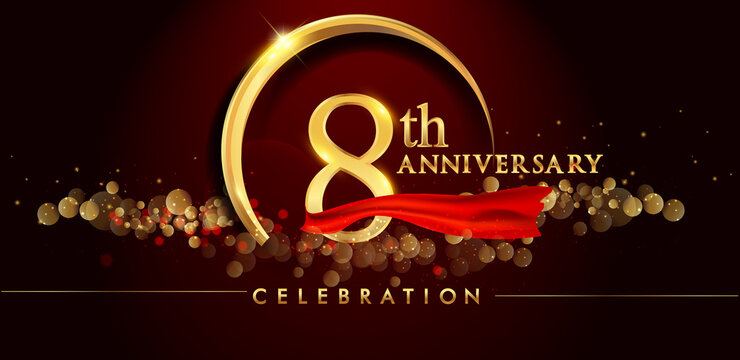 8th anniversary logo with golden ring, confetti and red ribbon isolated on elegant black background, sparkle, vector design for greeting card and invitation card