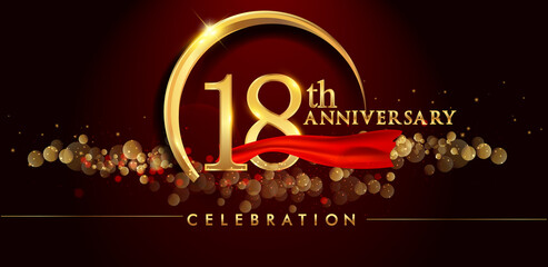 18th anniversary logo with golden ring, confetti and red ribbon isolated on elegant black background, sparkle, vector design for greeting card and invitation card