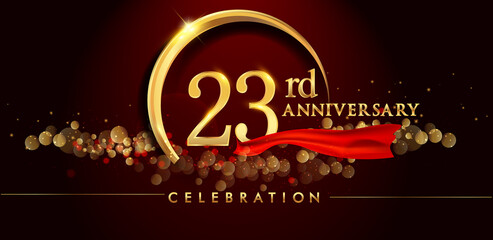 23rd anniversary logo with golden ring, confetti and red ribbon isolated on elegant black background, sparkle, vector design for greeting card and invitation card