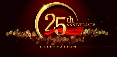 25th anniversary logo with golden ring, confetti and red ribbon isolated on elegant black background, sparkle, vector design for greeting card and invitation card