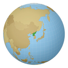 Globe centered to North Korea. Country highlighted with green color on world map. Satellite projection view. Vector illustration.