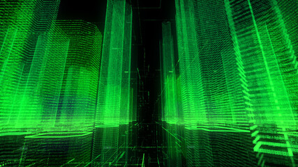 ビル群　ホログラム　背景素材　緑