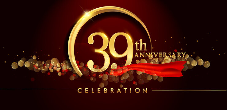 39th anniversary logo with golden ring, confetti and red ribbon isolated on elegant black background, sparkle, vector design for greeting card and invitation card