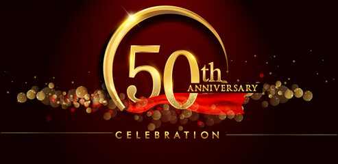 50th anniversary logo with golden ring, confetti and red ribbon isolated on elegant black background, sparkle, vector design for greeting card and invitation card