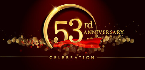 53rd anniversary logo with golden ring, confetti and red ribbon isolated on elegant black background, sparkle, vector design for greeting card and invitation card