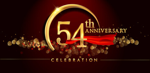 54th anniversary logo with golden ring, confetti and red ribbon isolated on elegant black background, sparkle, vector design for greeting card and invitation card