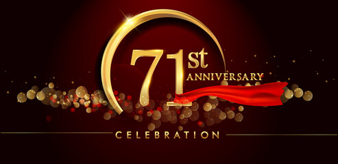 71st anniversary logo with golden ring, confetti and red ribbon isolated on elegant black background, sparkle, vector design for greeting card and invitation card