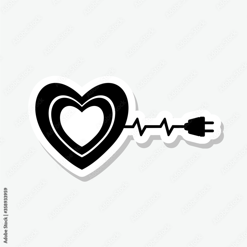 Wall mural Heart with electric plug sticker icon isolated on gray background