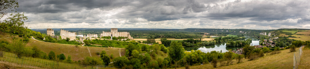Large view by wide angle about Castel Gaillard close to the Seine River near Rouen in France. Medieval castel