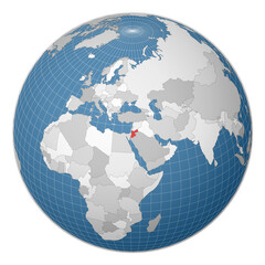 Globe centered on Jordan. Country highlighted in green on world map. Satellite world projection. Creative vector illustration.