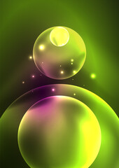 Glowing neon shiny transparent bubbles, glass circles or bio cell concept. Techno futuristic vector abstract background For Wallpaper, Banner, Background, Card, Book Illustration, landing page