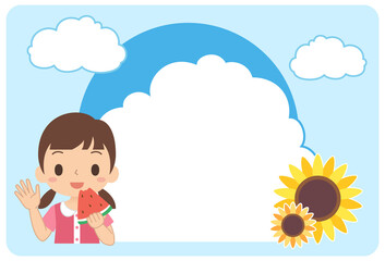 スイカを食べる女の子がいるひまわりと青空の夏フレーム