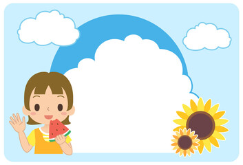 スイカを食べる女の子がいるひまわりと青空の夏フレーム