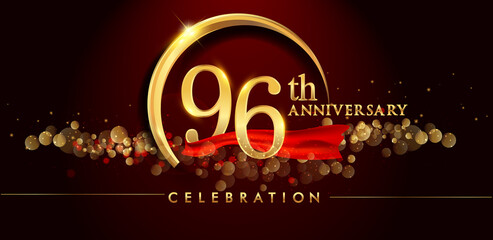 96th anniversary logo with golden ring, confetti and red ribbon isolated on elegant black background, sparkle, vector design for greeting card and invitation card