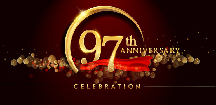 97th anniversary logo with golden ring, confetti and red ribbon isolated on elegant black background, sparkle, vector design for greeting card and invitation card
