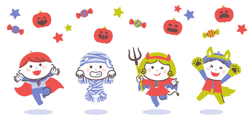 Children jumping in Halloween ghost costumes / Four Colors