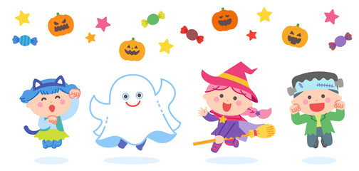 Children jumping in Halloween ghost costumes