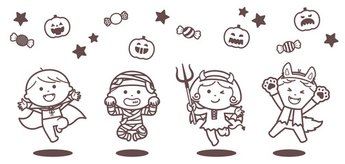 Children jumping in Halloween ghost costumes / Single Color