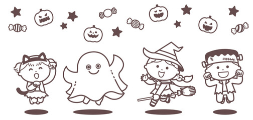 Children jumping in Halloween ghost costumes / Single Color