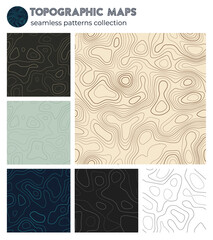Topographic maps. Artistic isoline patterns, seamless design. Radiant tileable background. Vector illustration.