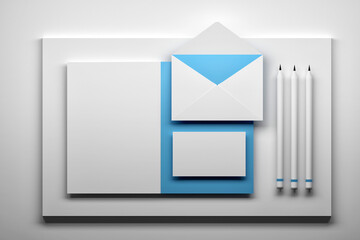 Set collection of empty blank business office identity items - envelope, business card, message card and pencils