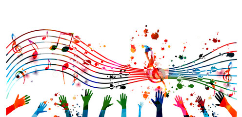 Music background with colorful G-clef, music notes and hands vector illustration design. Artistic music festival poster, live concert events, party flyer, music notes signs and symbols