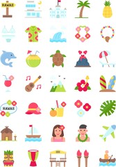 Obraz premium Hawaii related pineapple, coconut, guitar, boy, girl, flower, leaf, boat, airplane, drum,fire stick,surf, shirt, necklace, dolphin, tortoise, lava, mountains, and cap vector in flat design,